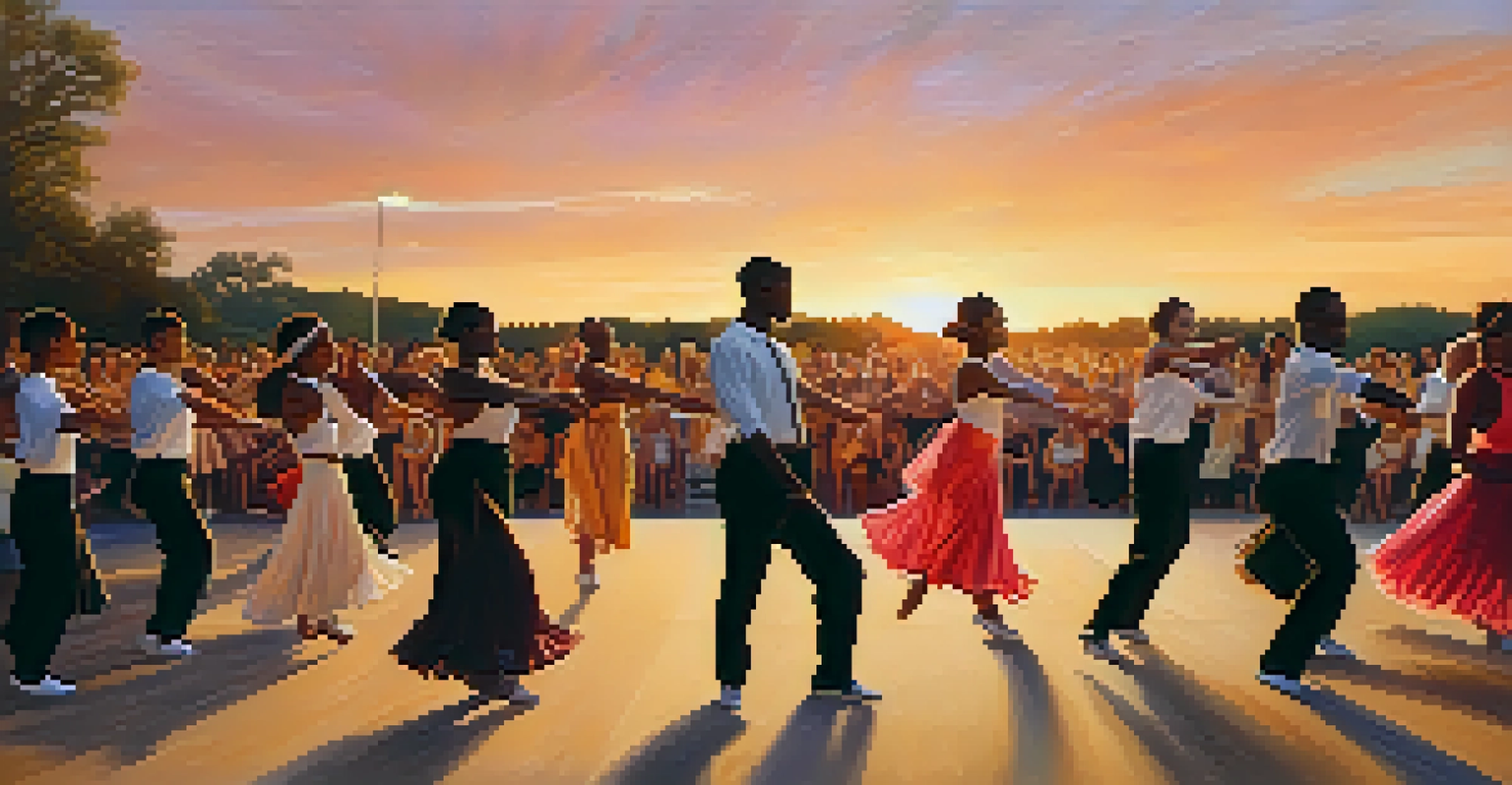 Diverse dancers performing on an outdoor stage at sunset, with warm colors and an engaged audience.