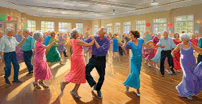 A group of seniors dancing joyfully in a bright community center, showcasing happiness and energy.