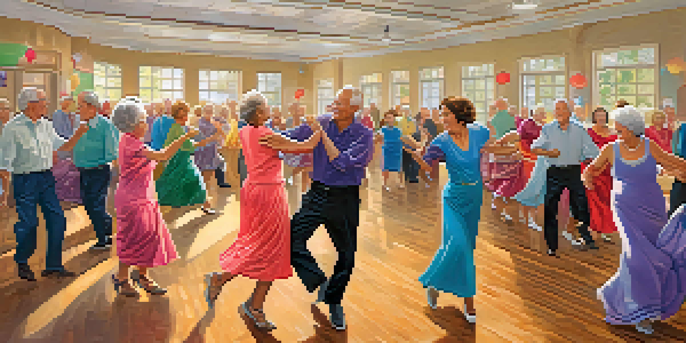 A group of seniors dancing joyfully in a bright community center, showcasing happiness and energy.
