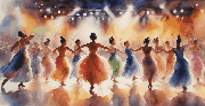 A lively dance competition with diverse dancers showcasing different styles on stage, colorful lights, and an engaged audience.