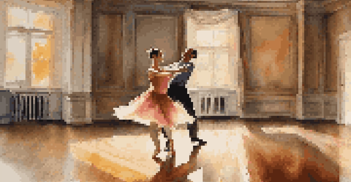 Two dancers performing in a warm-lit studio, expressing joy and trust as they move together.
