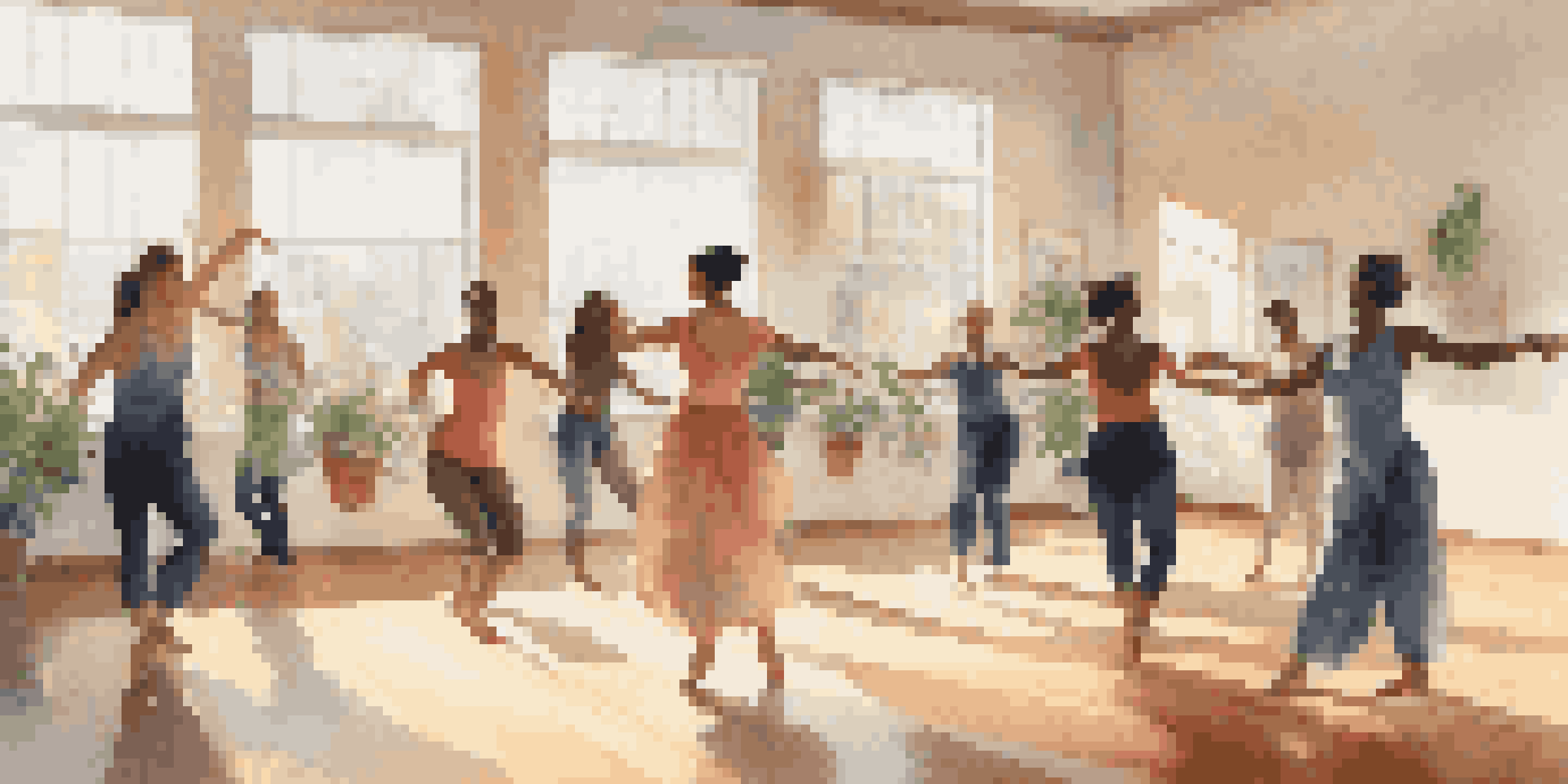 A bright and inviting dance therapy studio with diverse participants engaged in expressive dance, surrounded by soft fabrics and plants.