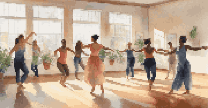 A bright and inviting dance therapy studio with diverse participants engaged in expressive dance, surrounded by soft fabrics and plants.