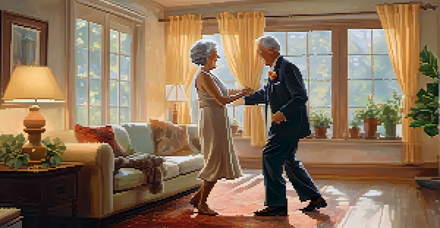An elderly couple dancing in their living room, smiling and enjoying a slow waltz amidst a warm and cozy atmosphere.