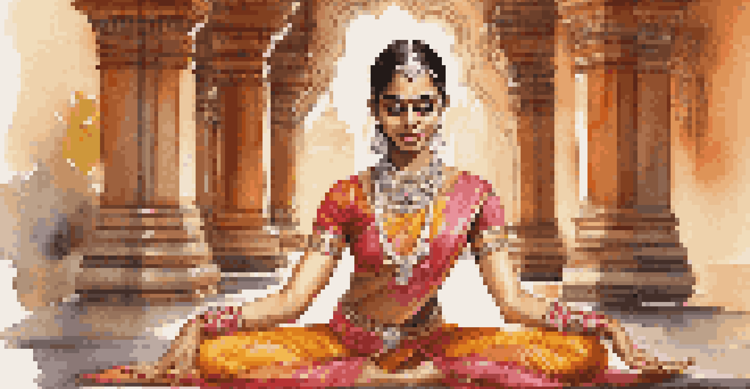 A Bharatanatyam dancer performing in a temple, wearing colorful traditional clothing and jewelry, with intricate hand gestures and footwork.