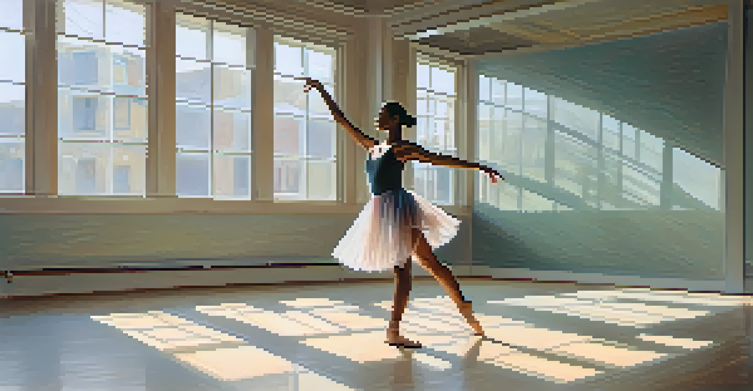 A student practicing improvisational dance in a peaceful corner of a dance studio, illuminated by soft natural light.