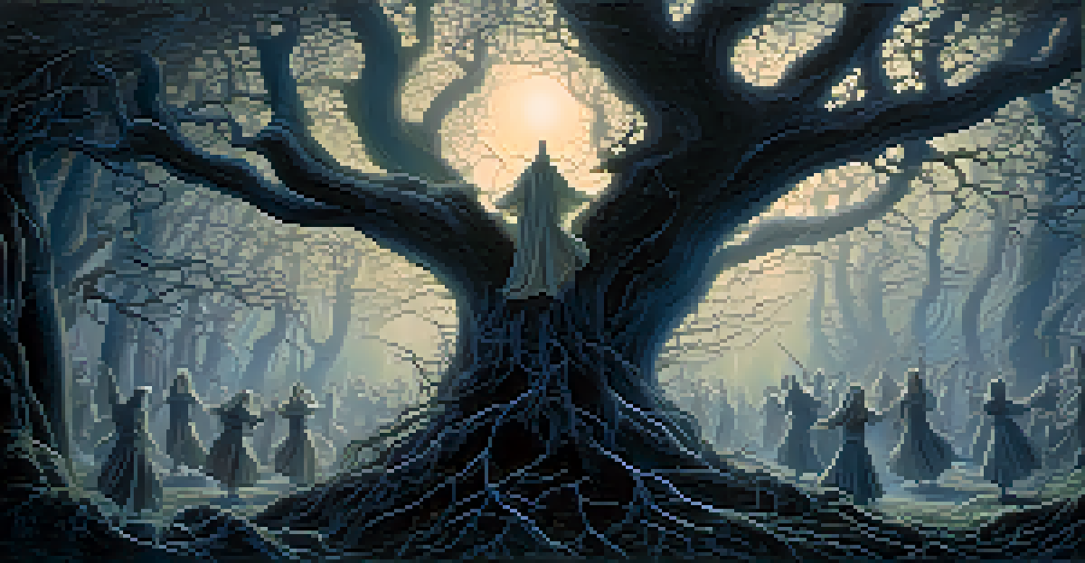 A dark forest scene with ethereal spirits dancing around a central figure, illuminated by moonlight and surrounded by twisted trees.