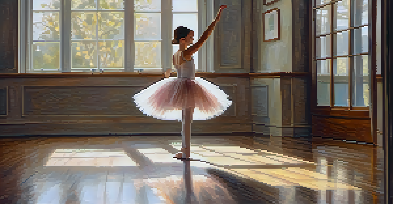 A young ballerina practicing in a sunlit studio, wearing a tutu and ballet shoes, with her reflection in a large mirror and warm light creating a tranquil atmosphere.
