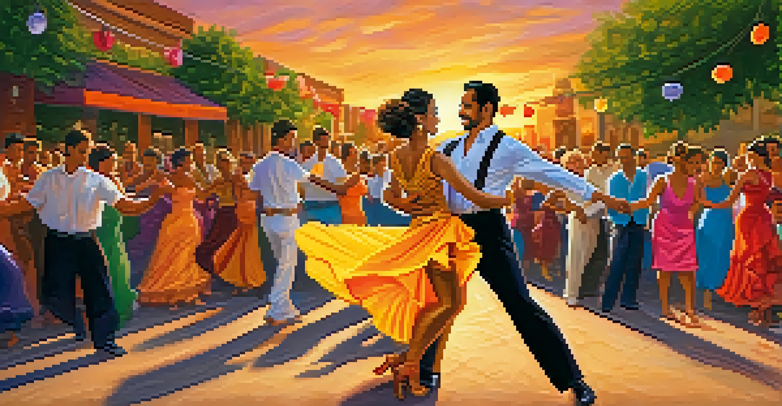 A couple dancing salsa outdoors, surrounded by spectators and vibrant decorations at sunset.