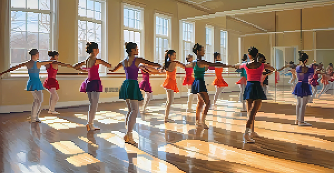 A dance studio with diverse dancers practicing a contemporary routine, illuminated by warm natural light.