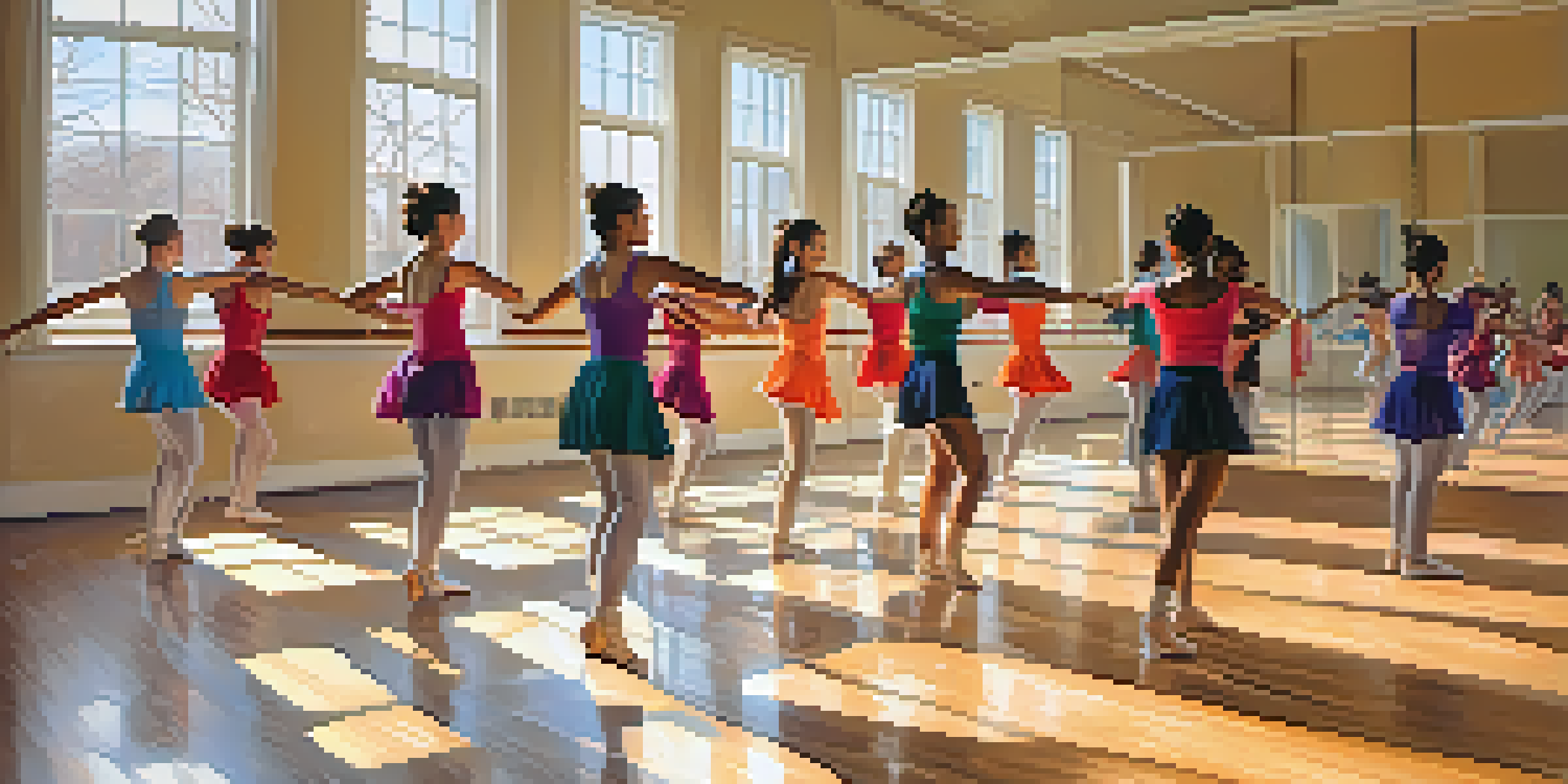 A dance studio with diverse dancers practicing a contemporary routine, illuminated by warm natural light.