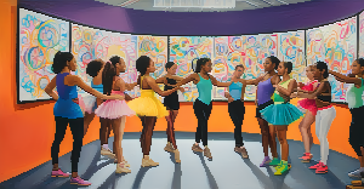 A group of dancers in a circle sharing encouragement in a colorful dance studio.