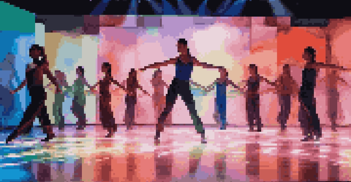 A group of dancers performing on stage in high-tech costumes with LED lights, showcasing a blend of technology and dance.