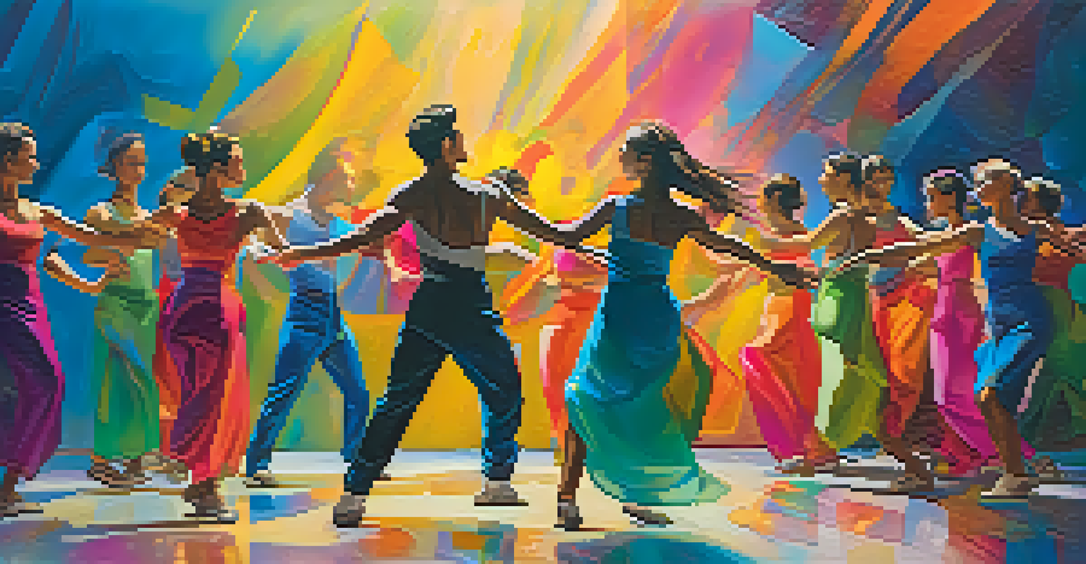 A vibrant group of dancers performing on stage with an abstract colorful backdrop and an engaged audience.