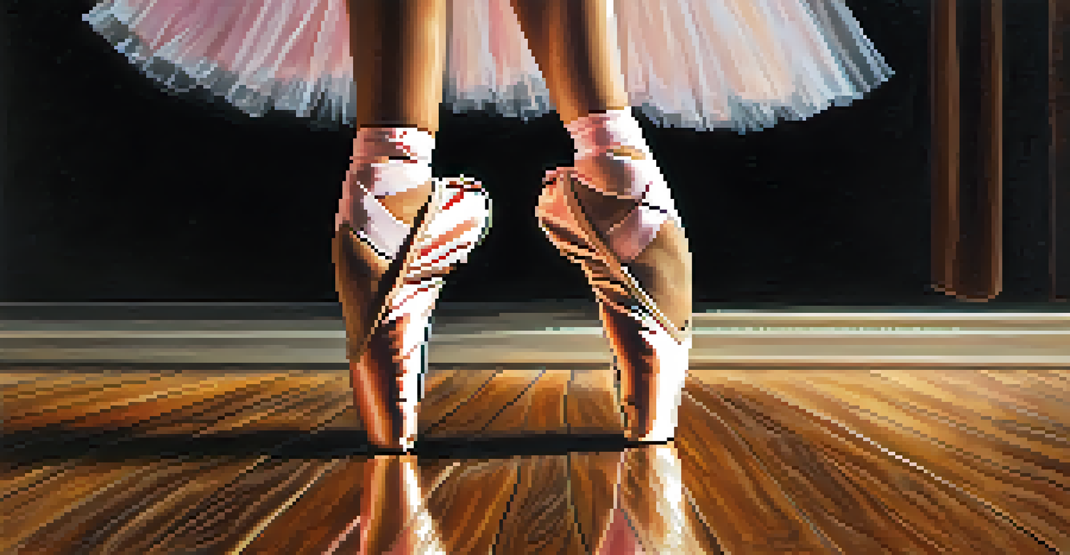 Close-up of a ballet dancer's feet in the second position on a wooden floor, showcasing pink ballet slippers.