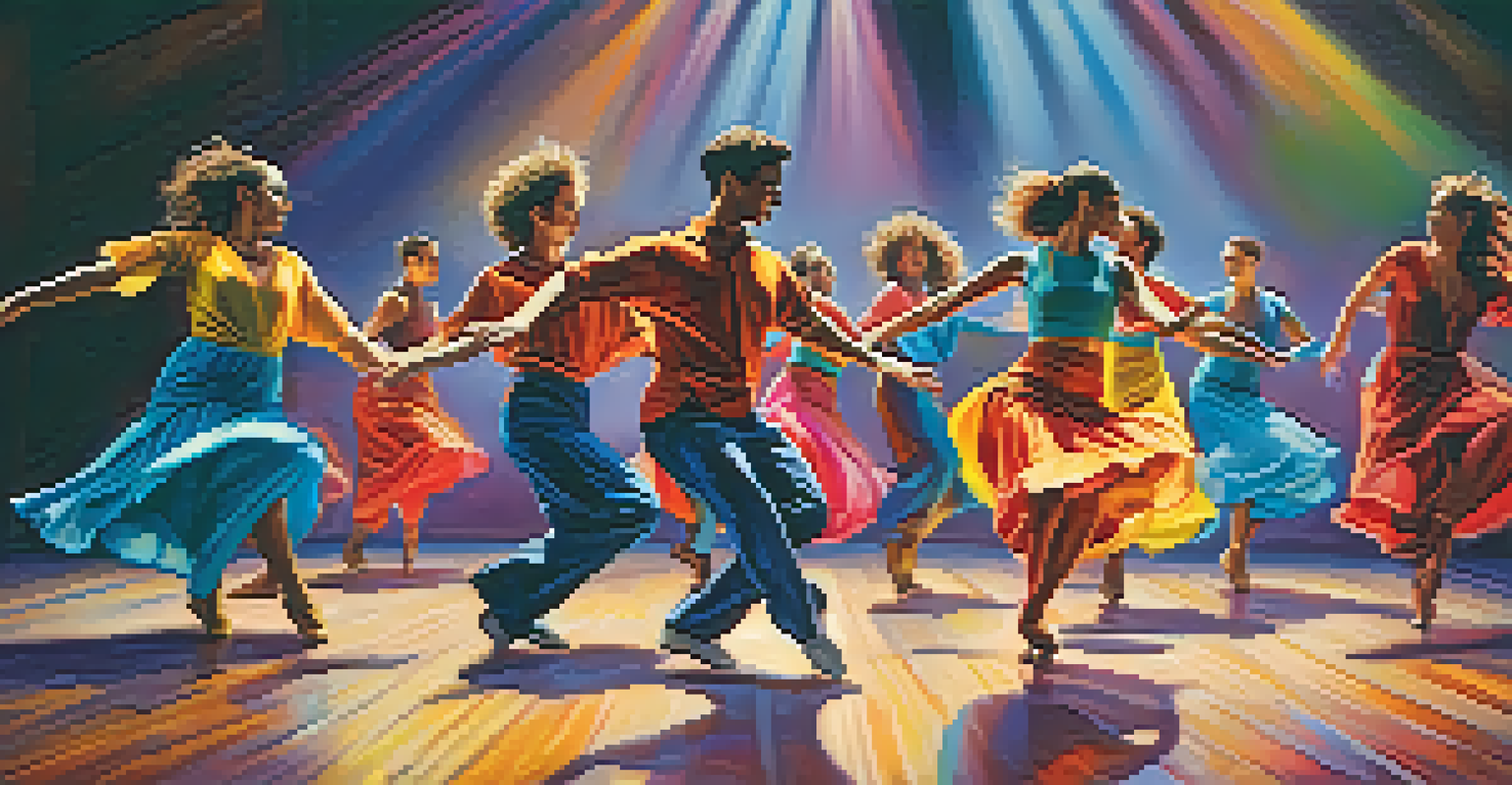 A group of diverse dancers performing a lively contemporary dance on stage with colorful lighting.