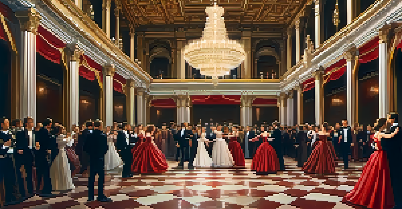 An elegant ballroom filled with beautifully dressed characters dancing passionately under ornate chandeliers, with rich red and gold decorations.