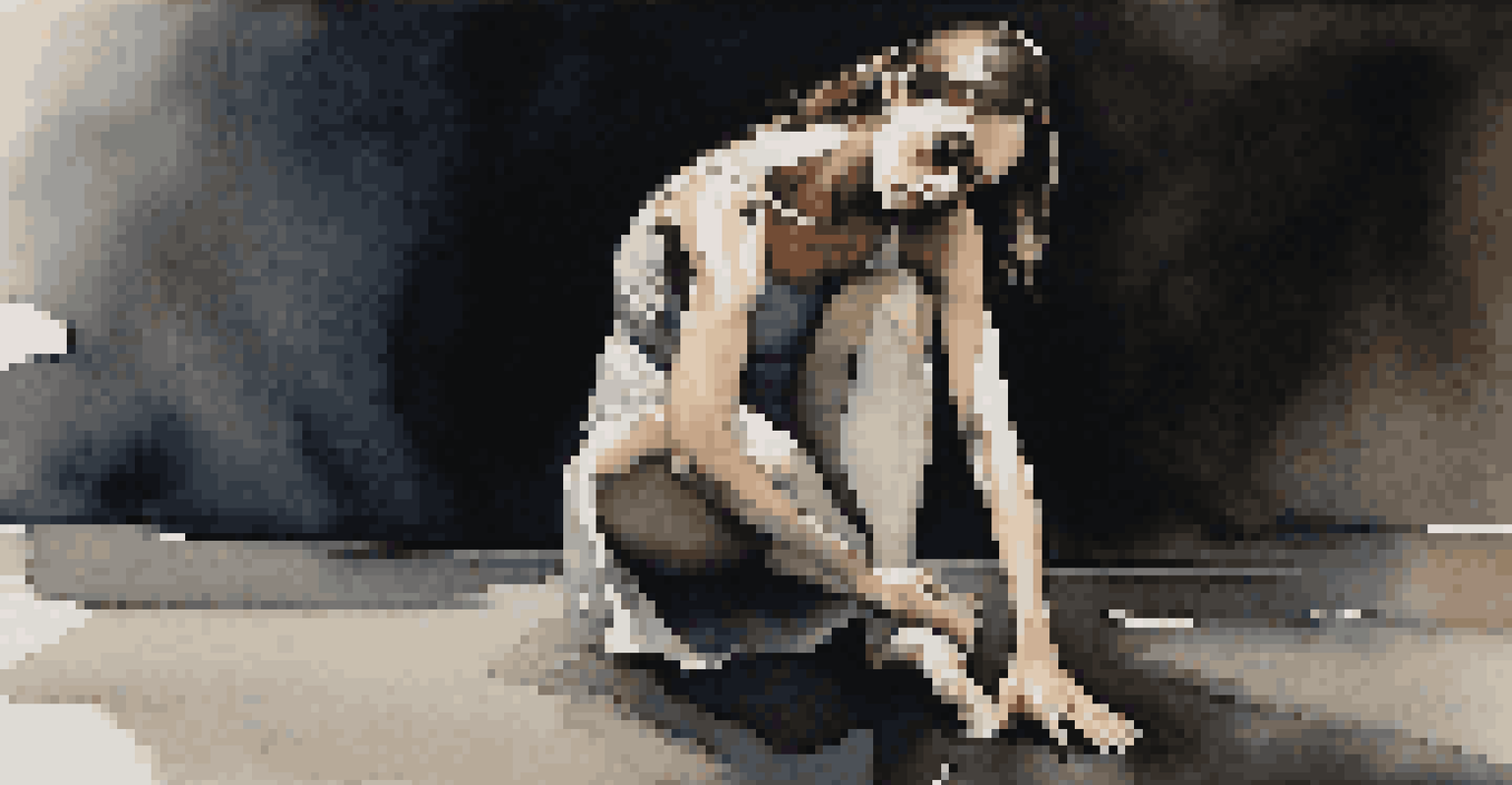 A dancer in a dramatic pose, expressing grief under a spotlight on a dark stage.