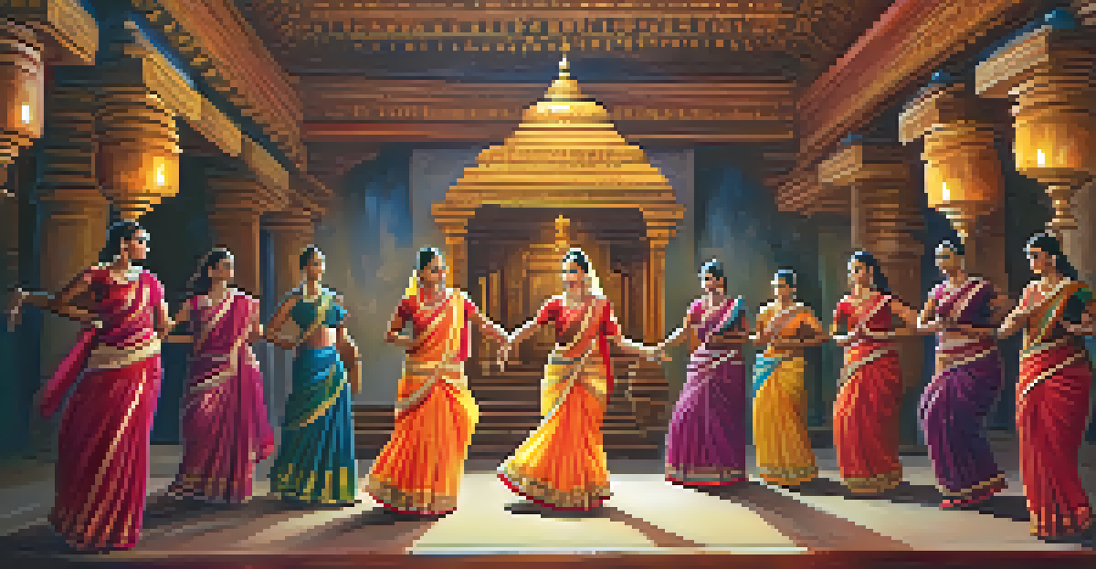 A classical Indian dancer in a saree with jewelry performing in a temple, showcasing intricate gestures and expressions.