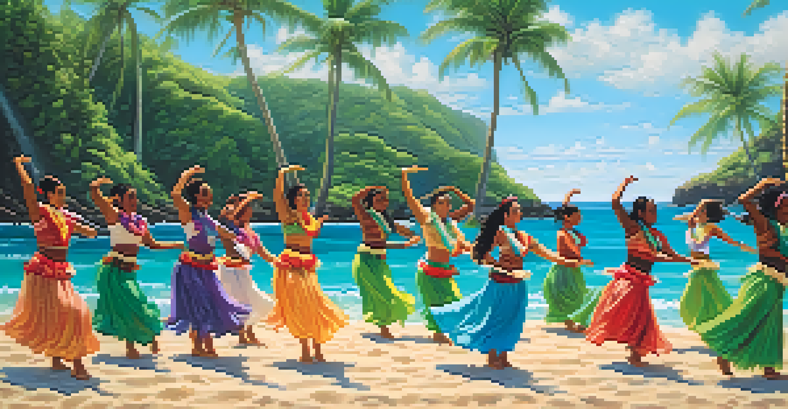 Participants of various backgrounds attending a hula dancing workshop on a sandy Hawaiian beach with the ocean in the background.