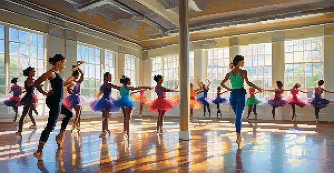 A bright dance studio with dancers of different backgrounds practicing choreography in front of mirrors, surrounded by colorful artwork.