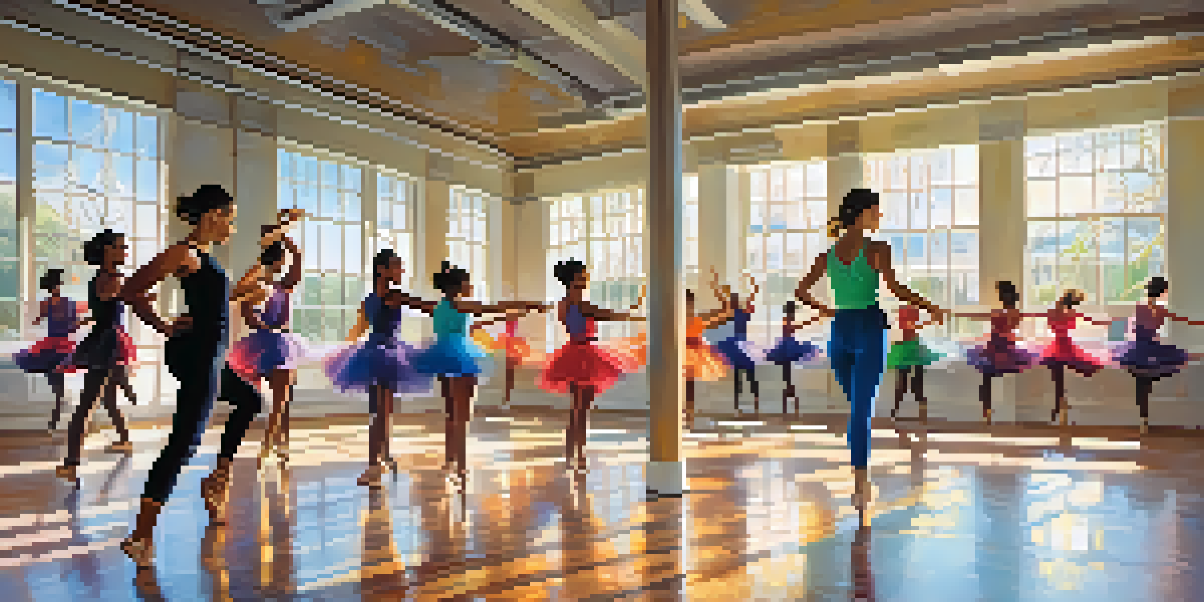 A bright dance studio with dancers of different backgrounds practicing choreography in front of mirrors, surrounded by colorful artwork.
