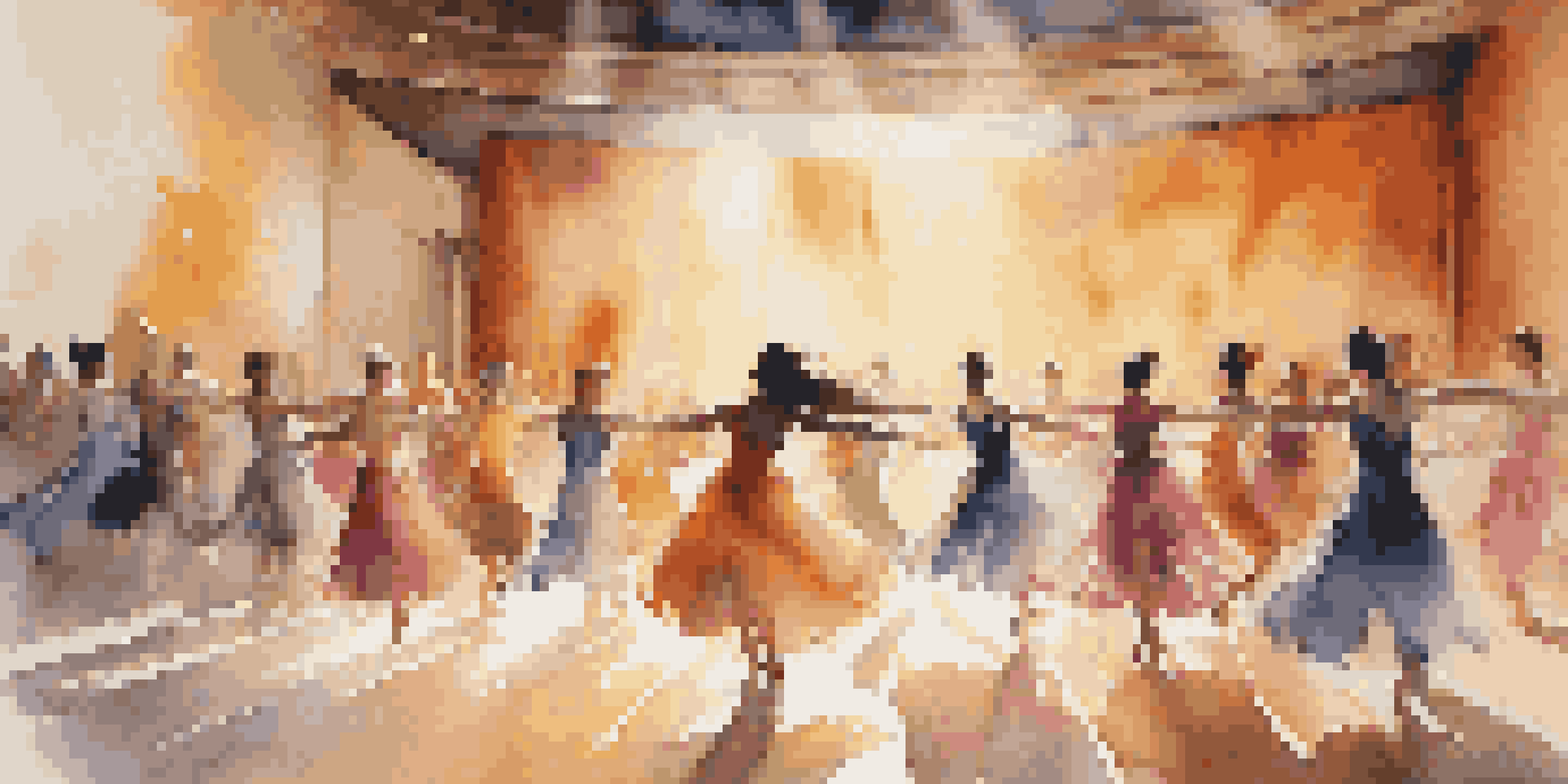 A contemporary dance performance in a sunny theater with dancers in colorful costumes expressing emotion, while an audience watches in the foreground.