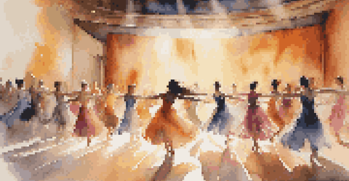 A contemporary dance performance in a sunny theater with dancers in colorful costumes expressing emotion, while an audience watches in the foreground.