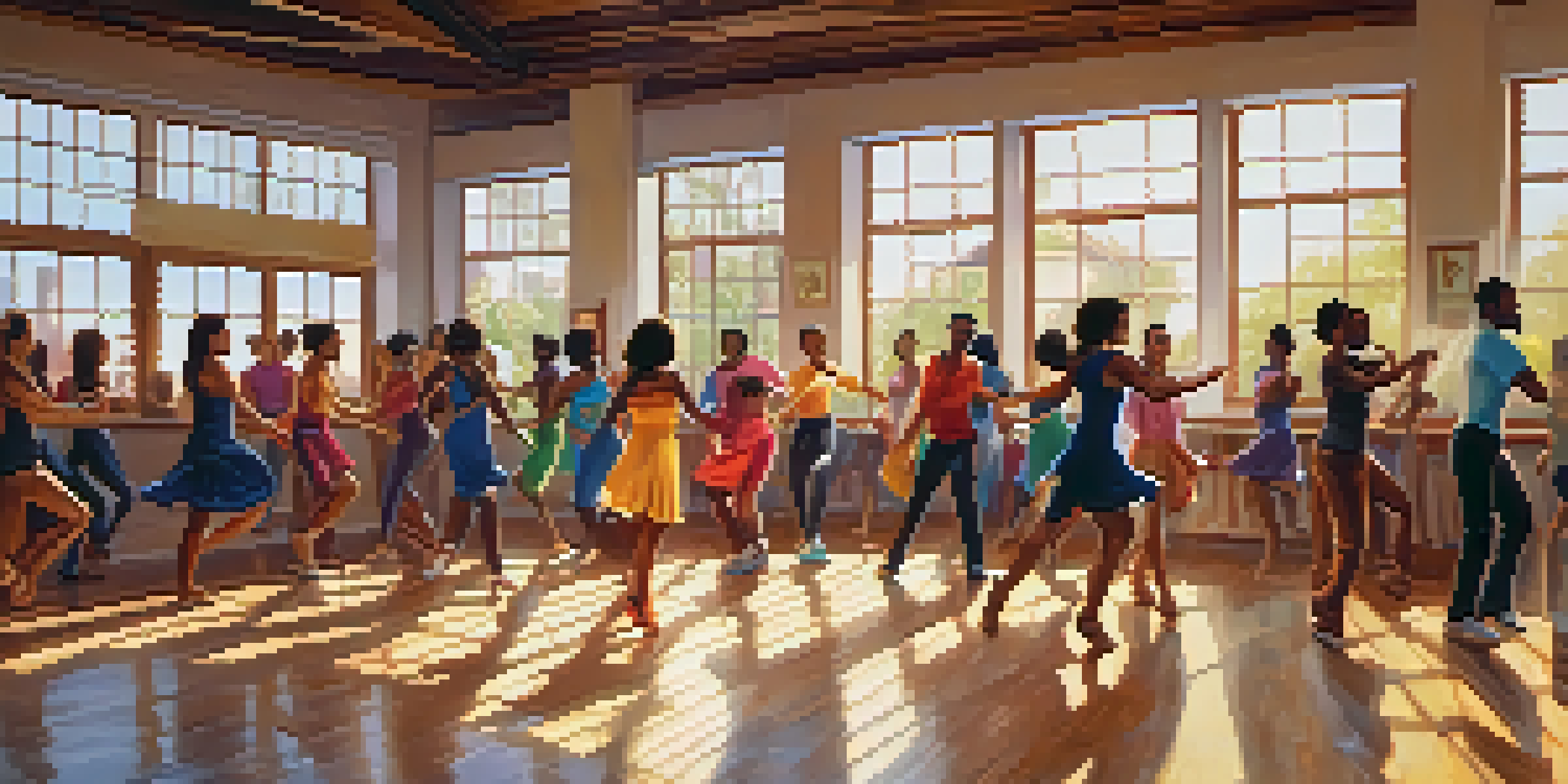 A lively salsa dance class with diverse participants dancing joyfully in a sunlit studio, colorful clothing and expressive movements.