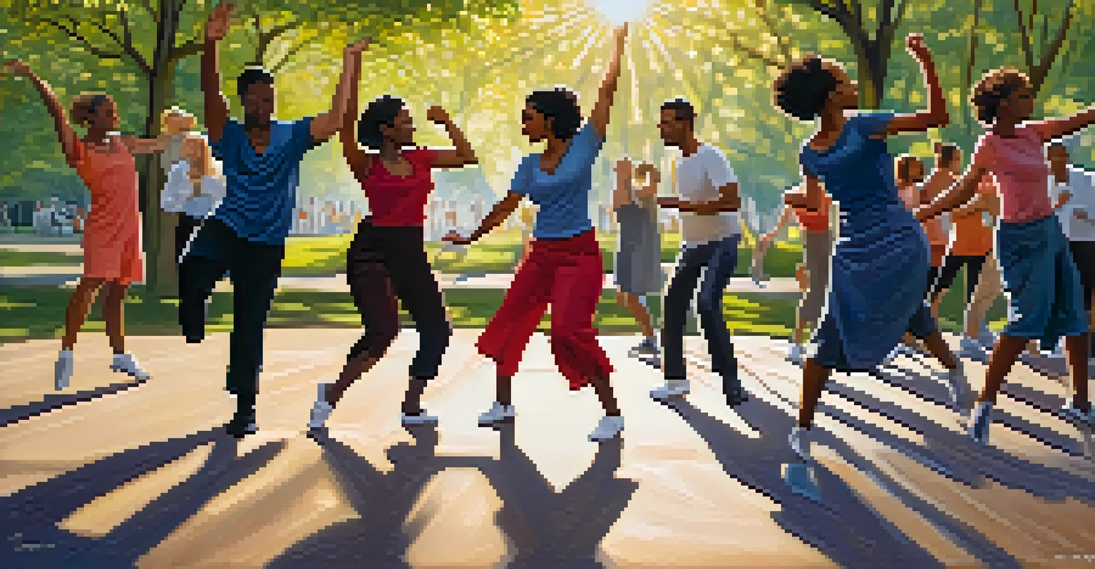 A group of dancers practicing jazz dance improvisation outdoors in a park, with trees and sunlight creating a vibrant atmosphere.
