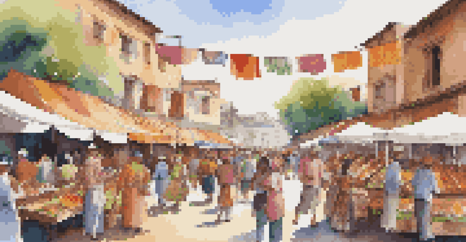 A lively marketplace at a dance festival with vendors selling crafts and food, surrounded by happy attendees enjoying the atmosphere.