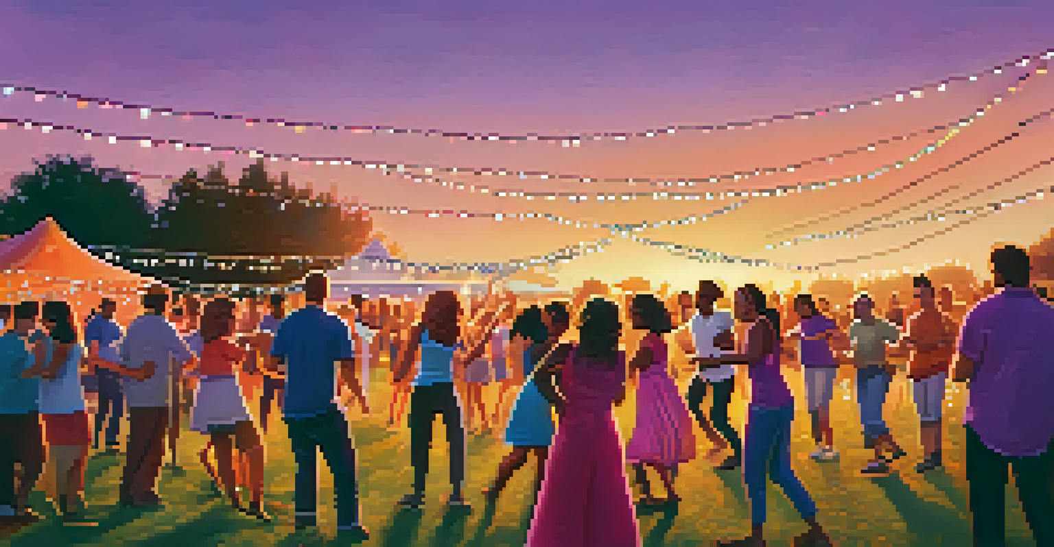 A sunset outdoor community dance event with people of all ages dancing joyfully on a grassy field.