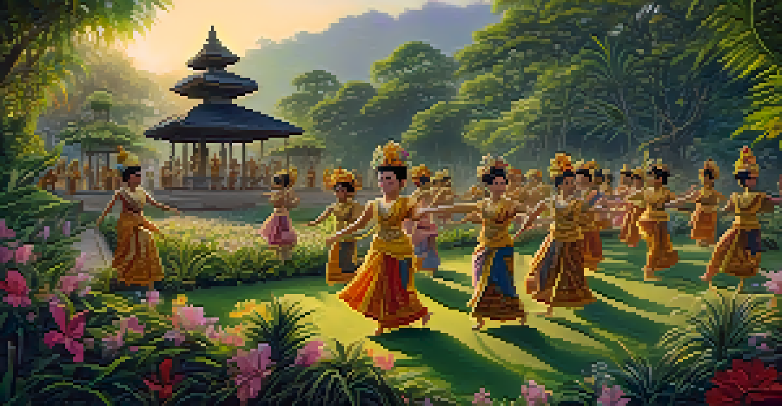 A traditional Balinese dance performance in a garden at sunset with dancers in colorful costumes.
