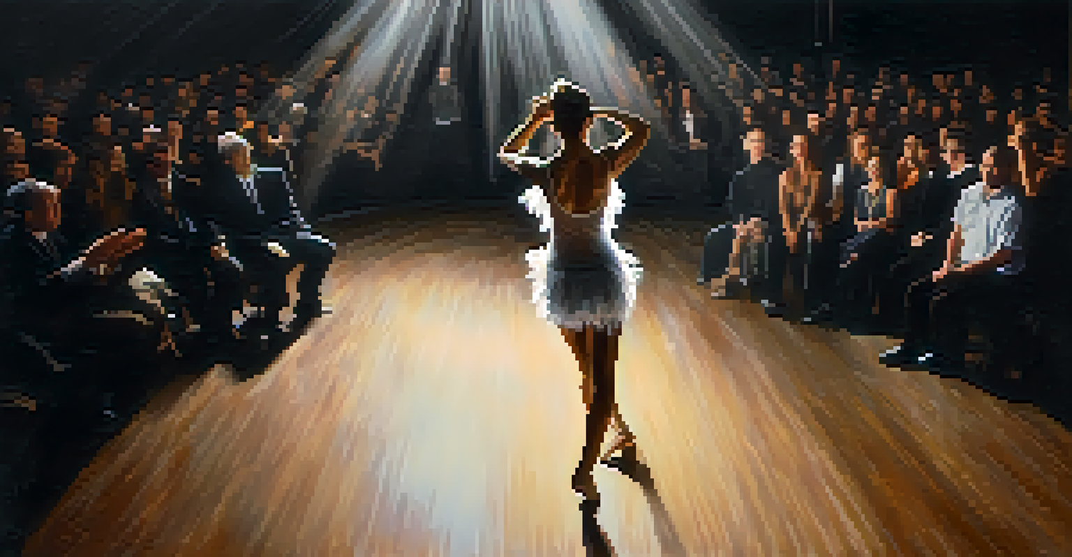 A solo dancer performing on stage under a spotlight, with a blurred audience in the background.