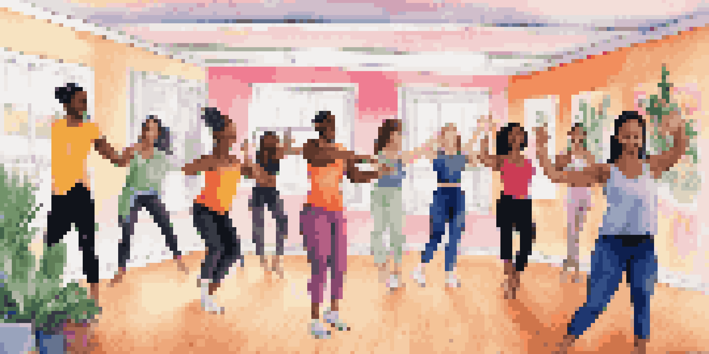 A virtual dance class with diverse dancers participating on a video call, showcasing bright colors and dynamic poses.