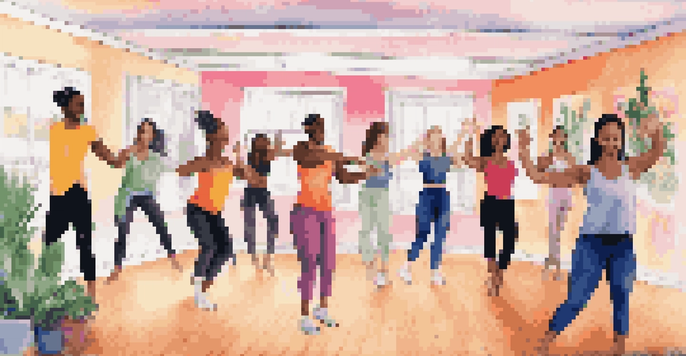 A virtual dance class with diverse dancers participating on a video call, showcasing bright colors and dynamic poses.