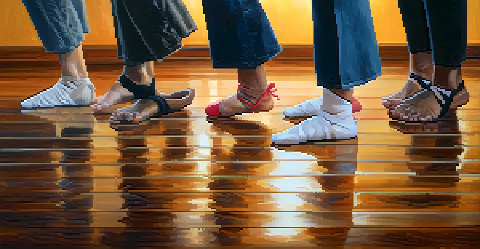 A close-up of dancers' feet in motion, showcasing a variety of cultural footwear on a wooden floor, highlighting the energy of dance.