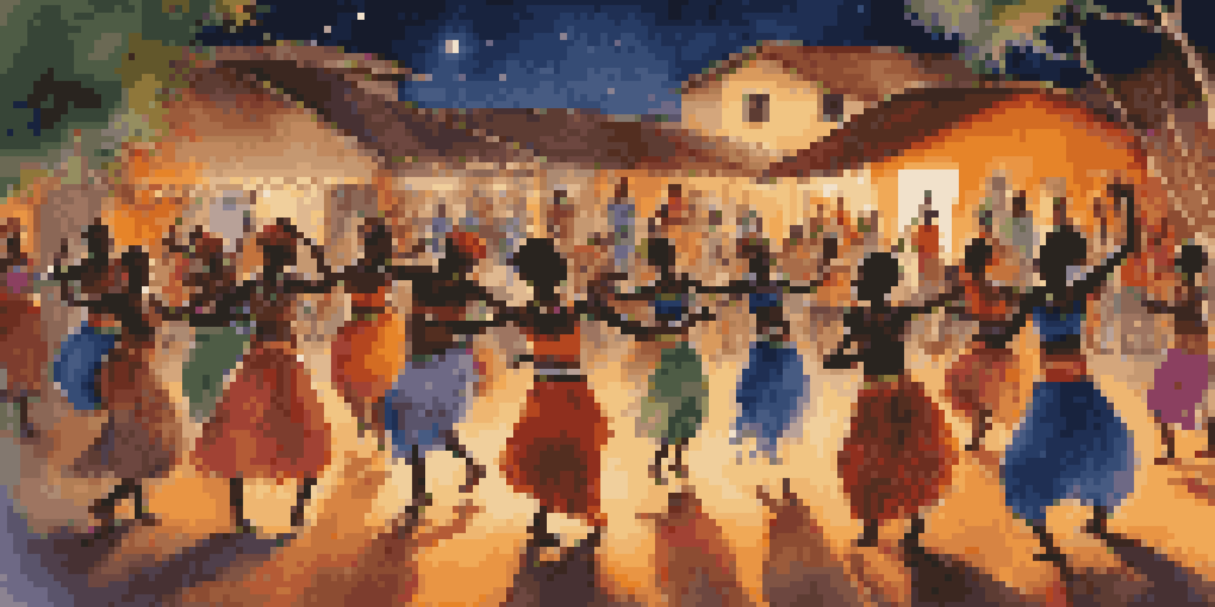 A group of dancers in colorful traditional attire performing an African dance under a starlit sky, surrounded by an audience in a warm firelight setting.
