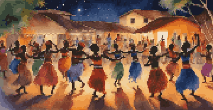 A group of dancers in colorful traditional attire performing an African dance under a starlit sky, surrounded by an audience in a warm firelight setting.