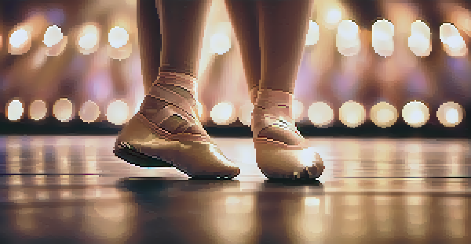 Close-up of a dancer's feet in ballet shoes posing gracefully on stage, with soft lighting creating an ethereal atmosphere.