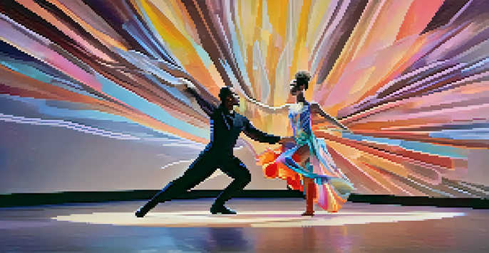 A dancer in a flowing costume and a sleek robotic partner performing on stage with colorful lighting and abstract background.