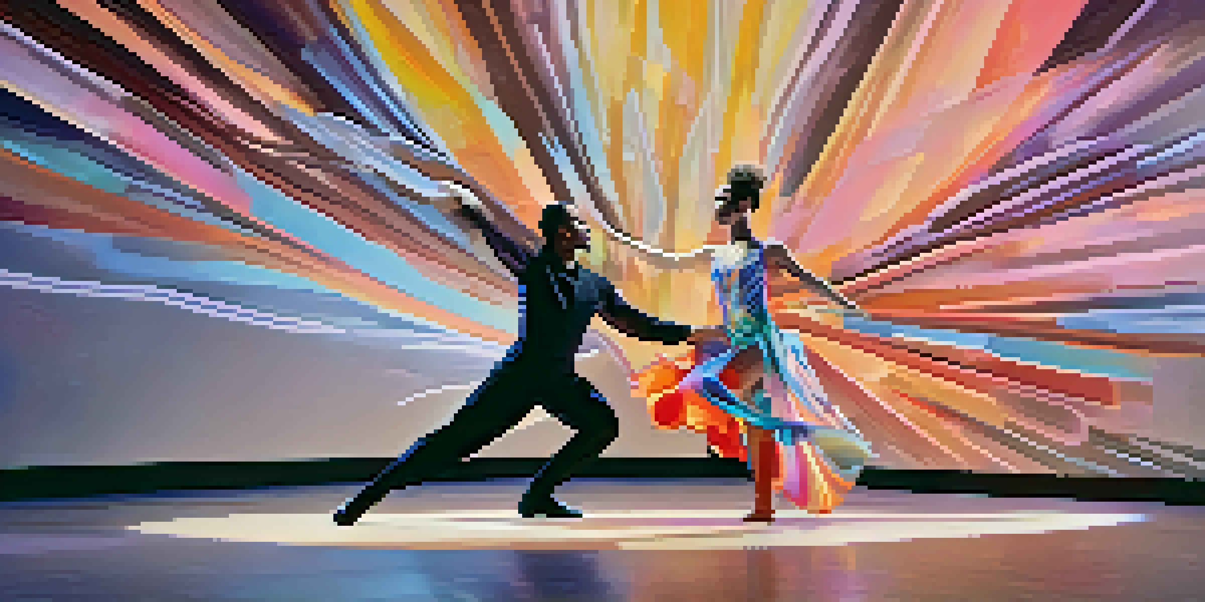 A dancer in a flowing costume and a sleek robotic partner performing on stage with colorful lighting and abstract background.