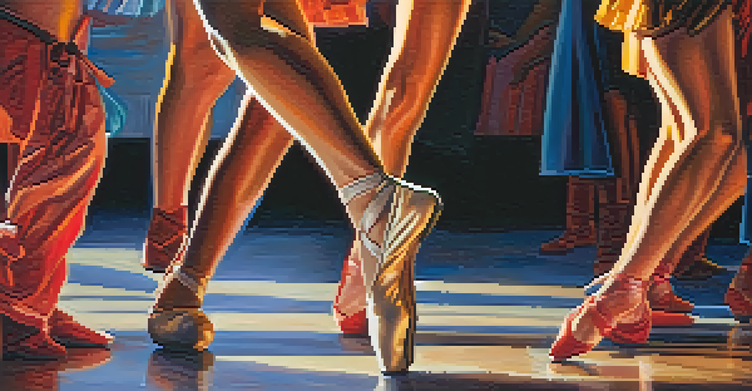 A choreographer's hands directing dancers, focusing on their colorful costumes and the collaborative spirit of dance.