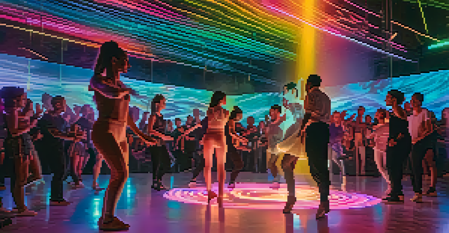 A dance performance with audience members interacting with augmented reality elements, surrounded by colorful lights.
