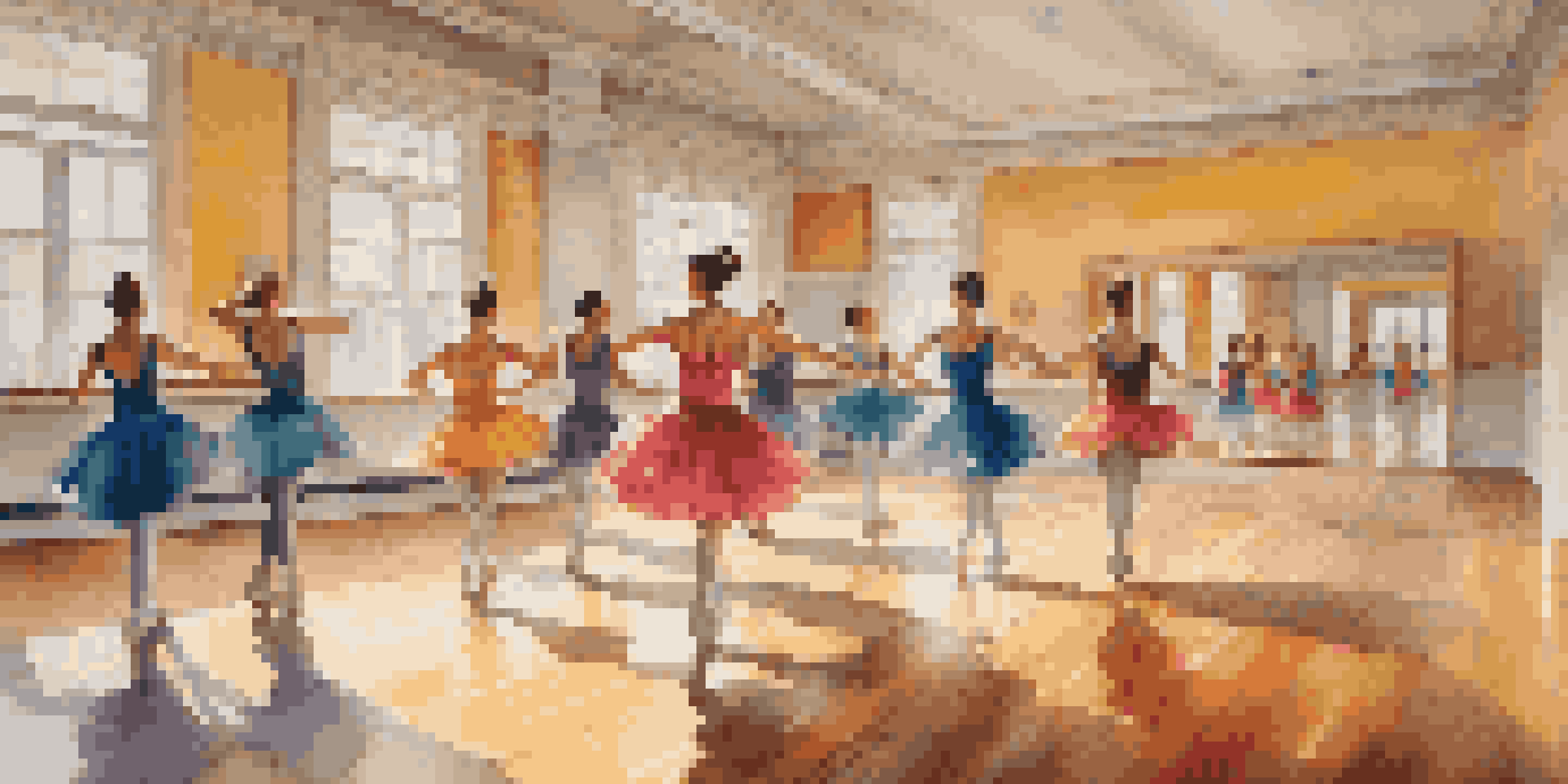A dance studio with dancers in bright costumes practicing, surrounded by mirrors and natural light.