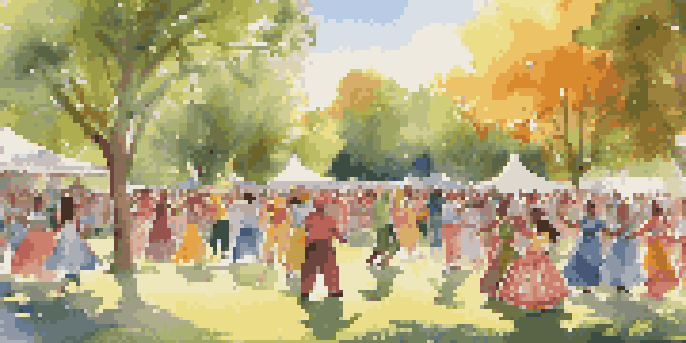 A lively community dance event in a park, with participants of various ages dancing in a circle, surrounded by colorful costumes and festive decorations.