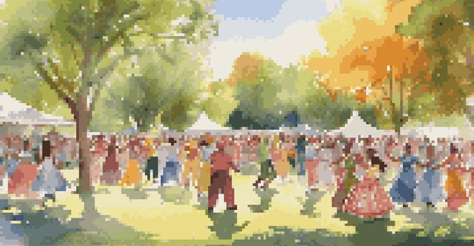 A lively community dance event in a park, with participants of various ages dancing in a circle, surrounded by colorful costumes and festive decorations.