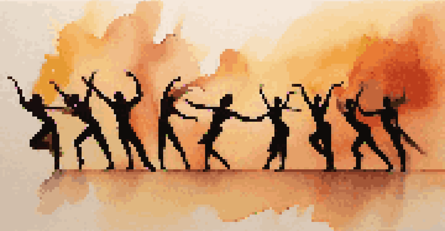 Abstract depiction of dancers in dynamic poses with swirling lines and warm colors representing movement.