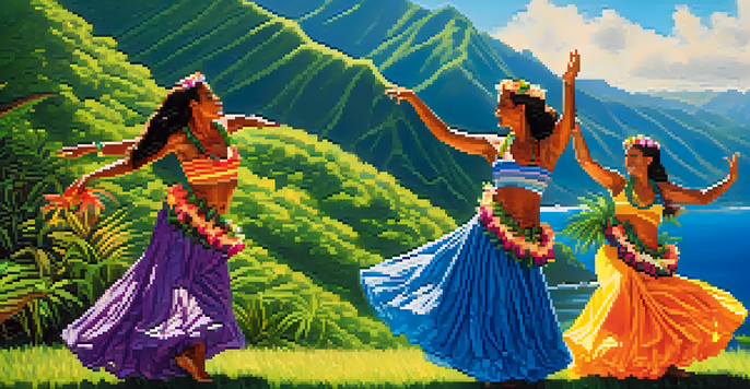 A group of dancers performing the Hula dance in colorful costumes, surrounded by green mountains and a clear blue sky.