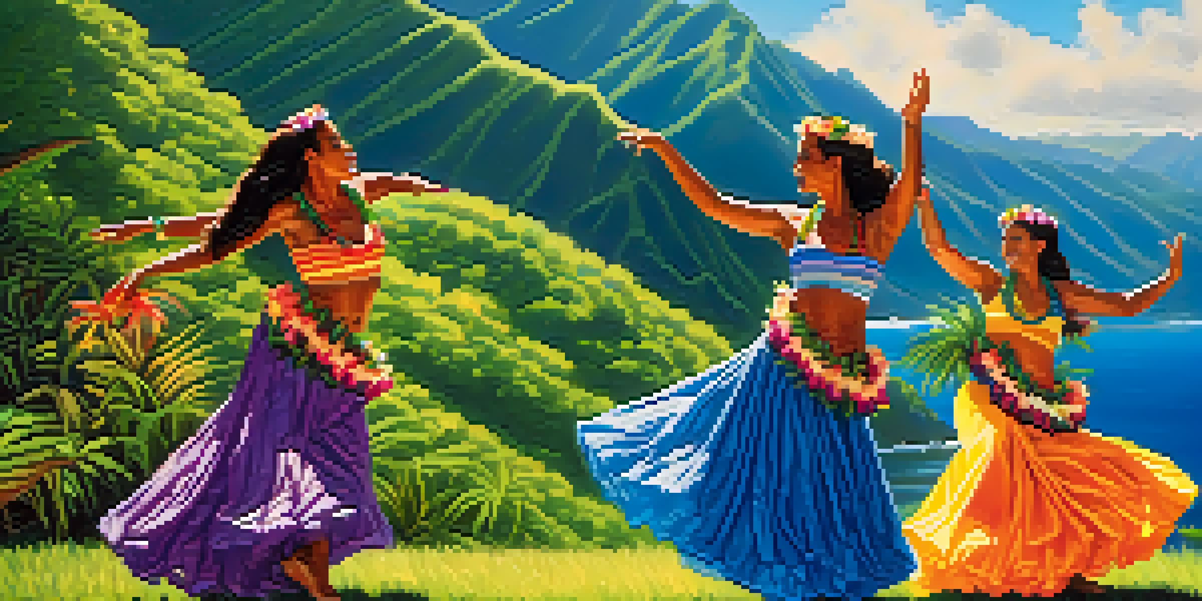 A group of dancers performing the Hula dance in colorful costumes, surrounded by green mountains and a clear blue sky.